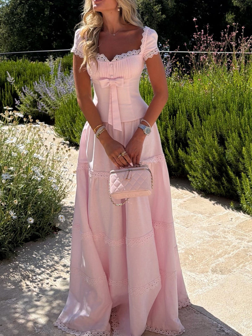 Blush Pink Bow Detail Scalloped Lace Maxi Dress