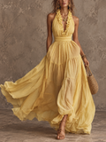 Yellow Pleated Halter Tiered Maxi Dress