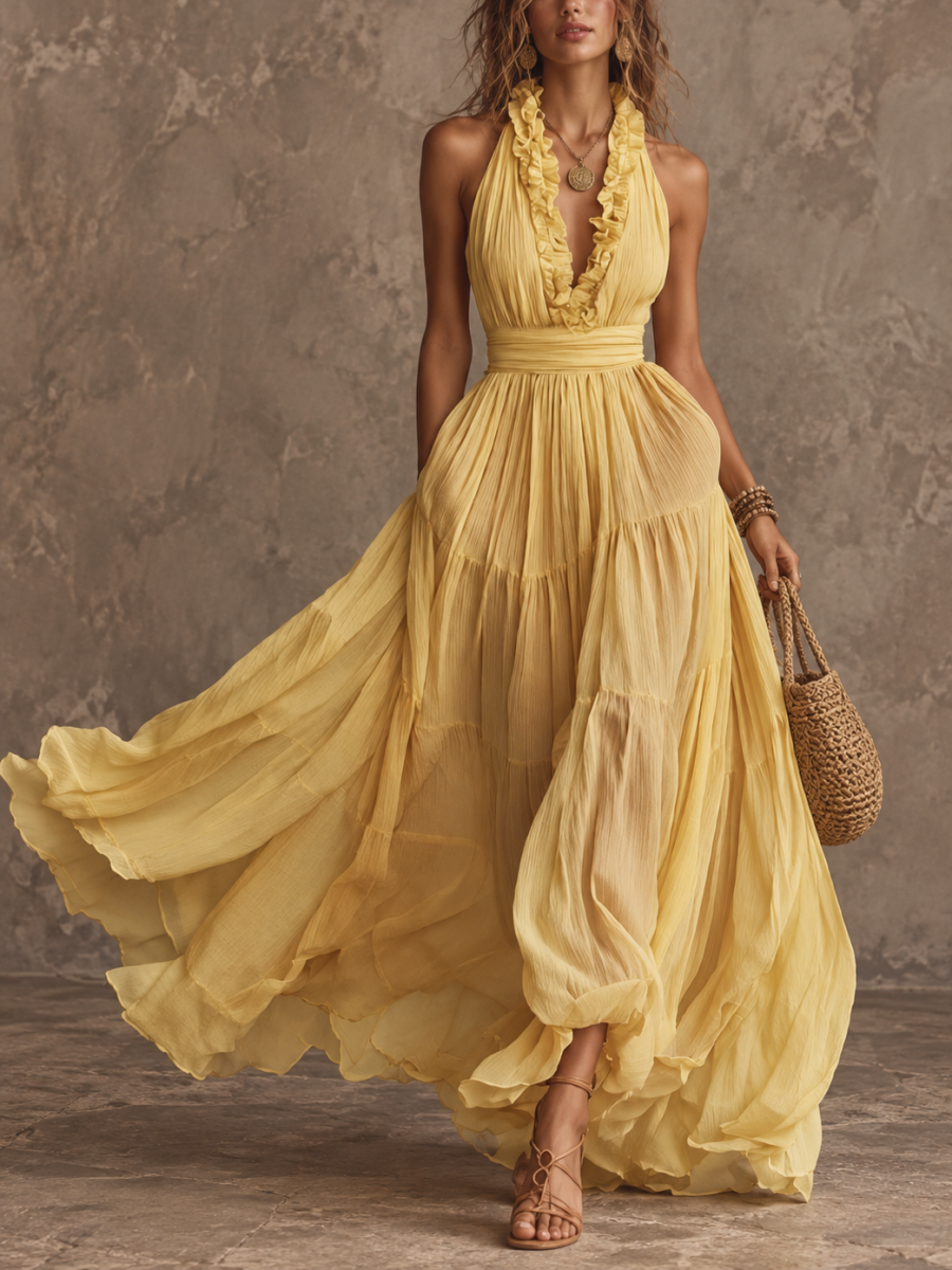 Yellow Pleated Halter Tiered Maxi Dress