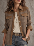 Brown Glen Plaid Suede Panel Western Snap Button Shacket