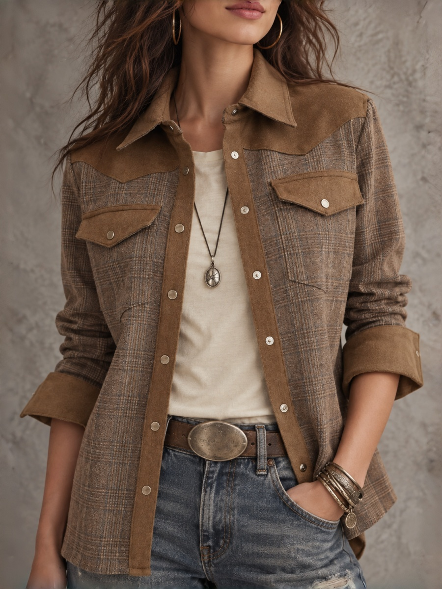 Brown Glen Plaid Suede Panel Western Snap Button Shacket