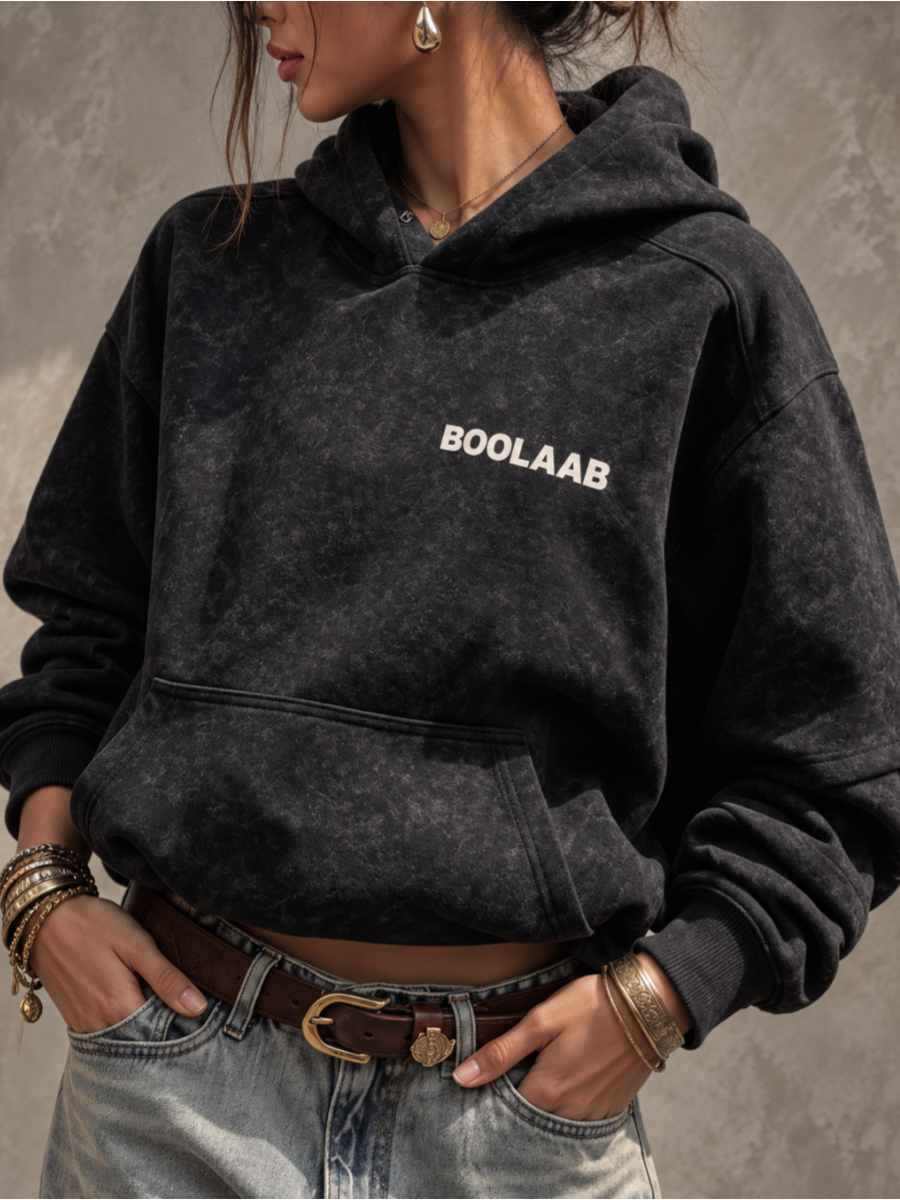 Black Acid Wash Oversized Cropped BOOLAAB Graphic Hoodie