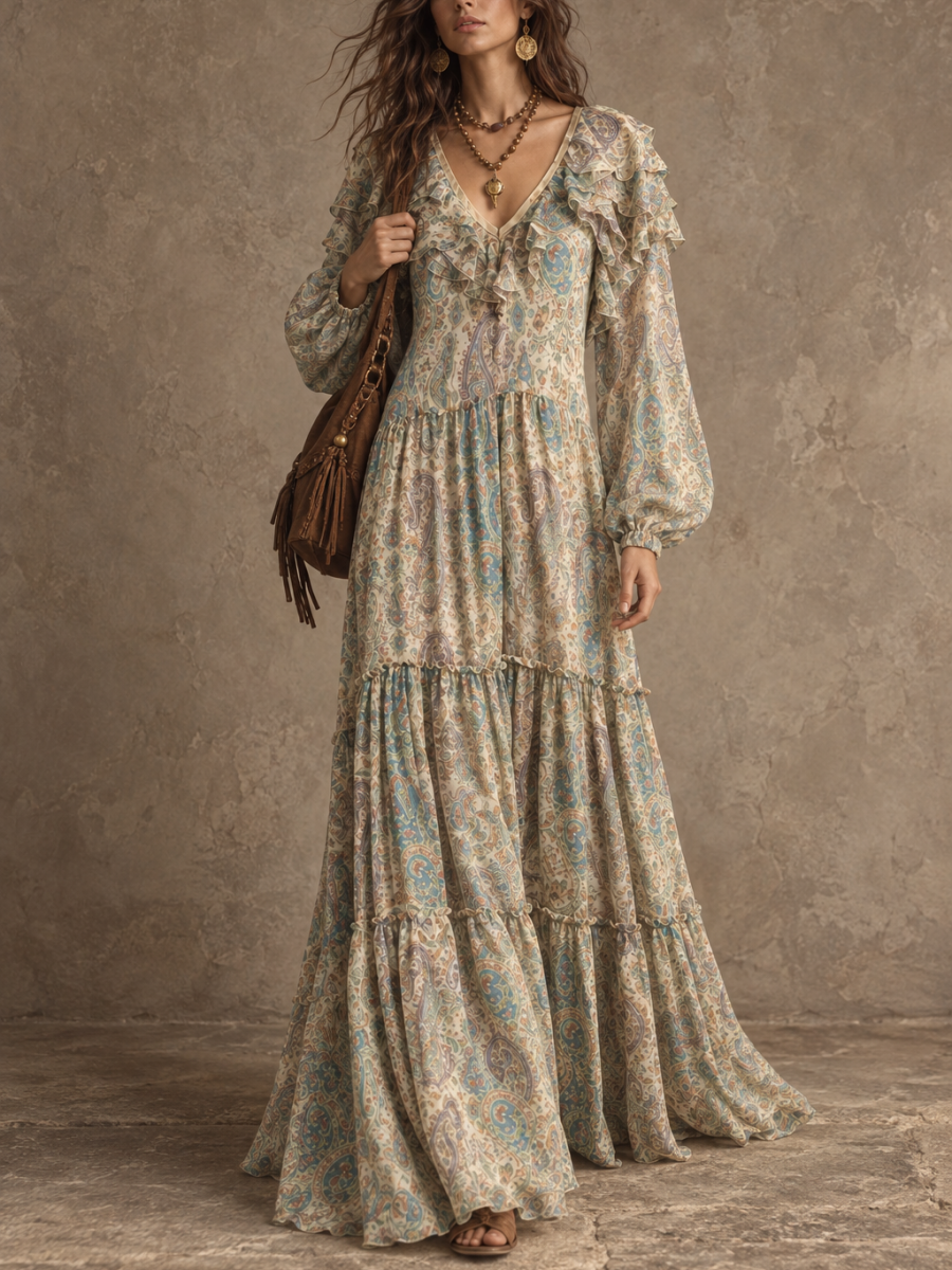 Cream Paisley Print Ruffle Maxi Dress