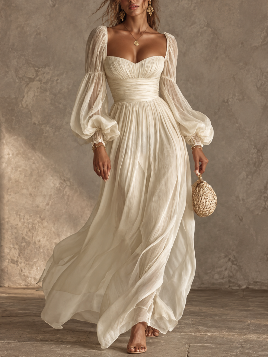 Cream Sheer Puff Sleeve Maxi Dress