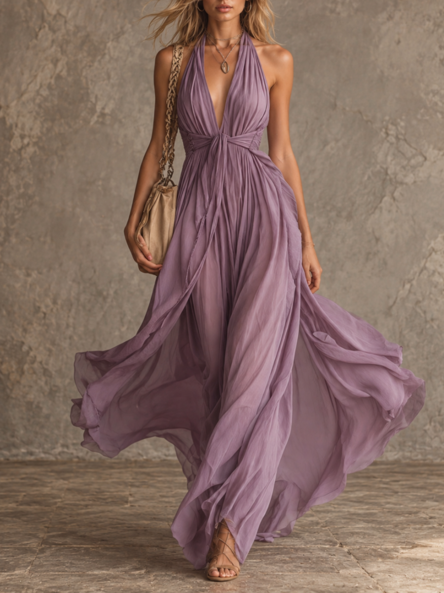 Lavender Pleated Halter Maxi Dress