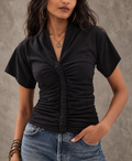 Black Twist Knot Center Ruched V-Neck Short Sleeve Top