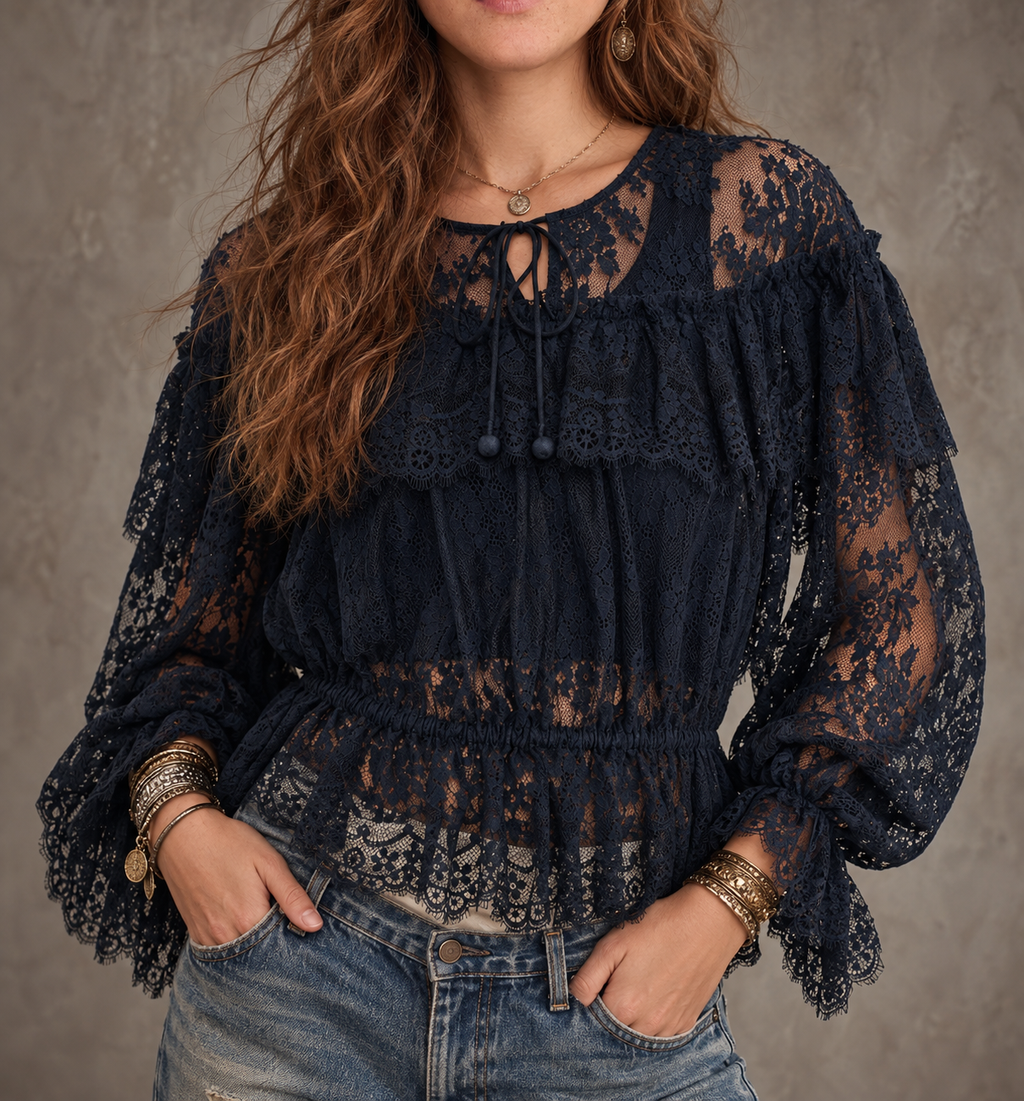 Navy Sheer Floral Lace Tassel Tie Smocked Waist Peplum Blouse