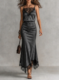 Leopard Print Lace Trim Satin Slip Midi Dress