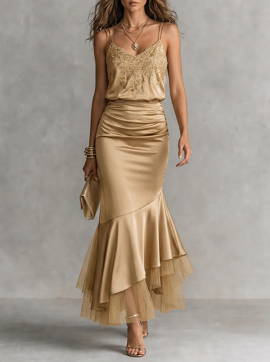 Embroidered Lace Satin Mermaid Maxi Dress