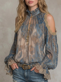 Paisley Print Cold Shoulder Ruffle Lace Blouse