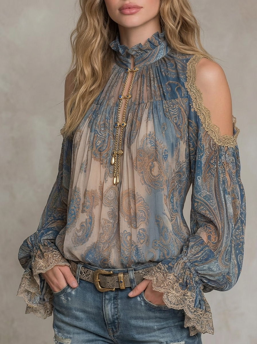Paisley Print Cold Shoulder Ruffle Lace Blouse