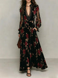 Velvet Rose Print Deep V Lace Maxi Dress