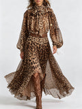 Sheer Leopard Print Tie-Neck Balloon Sleeve Maxi Dress