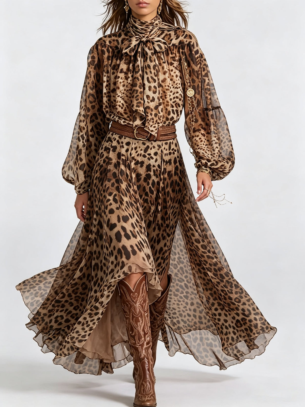 Sheer Leopard Print Tie-Neck Balloon Sleeve Maxi Dress