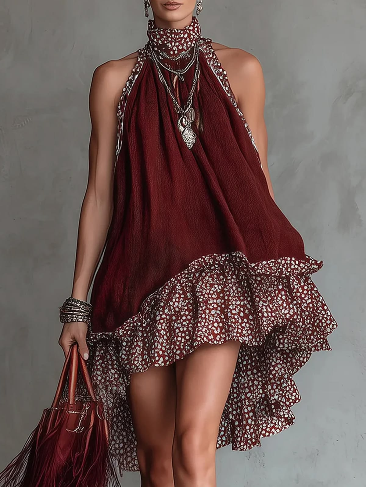 Halter High Neck Ruffled High-Low Mini Dress