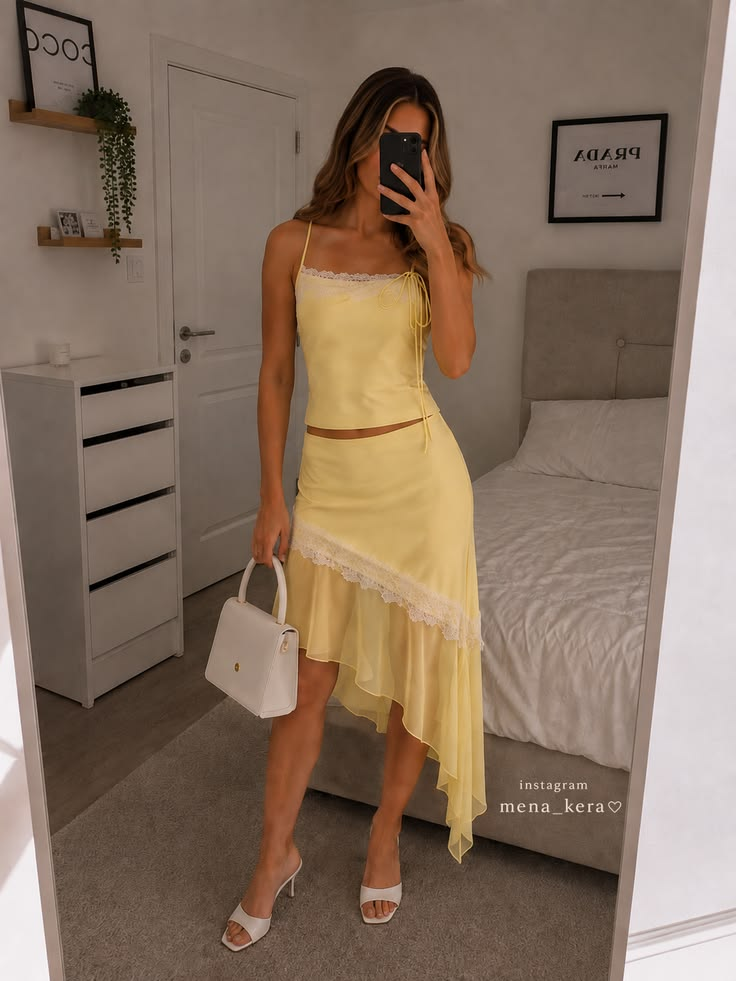 Lace Trim Tie-Front Cami And Asymmetric Skirt Set