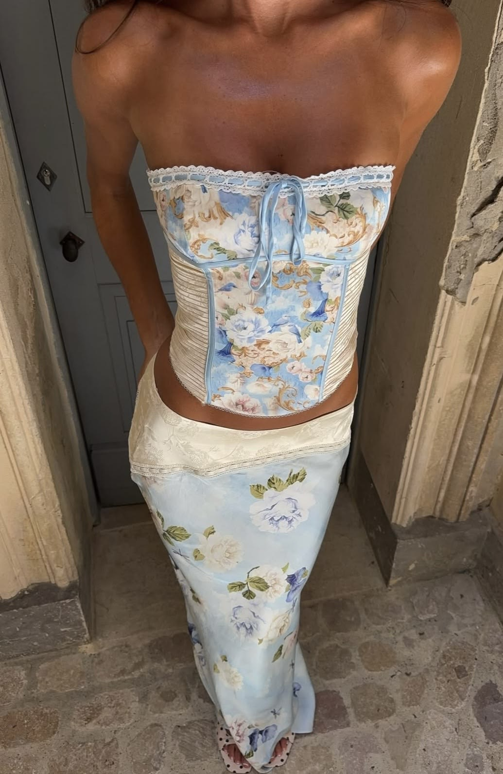 Strapless Floral Corset Top And Maxi Skirt Set