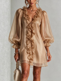 Champagne Sheer Metallic Balloon Sleeve Mini Dress