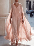 Blush Sheer Cape Sleeve Pleated Maxi Dress