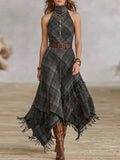 Grey Plaid Halter Neck Fringed Dress