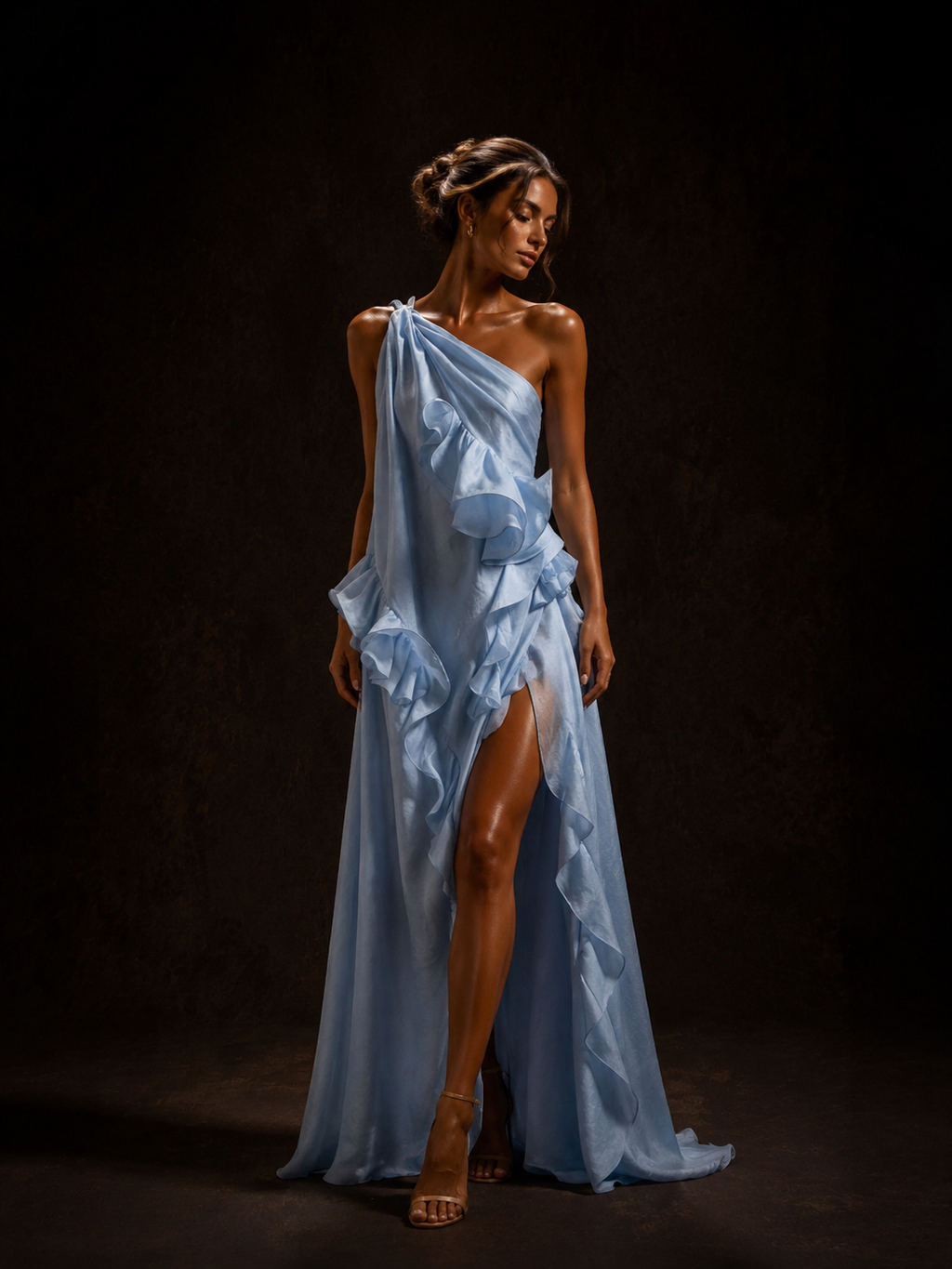Powder Blue One-Shoulder Ruffle Maxi Dress