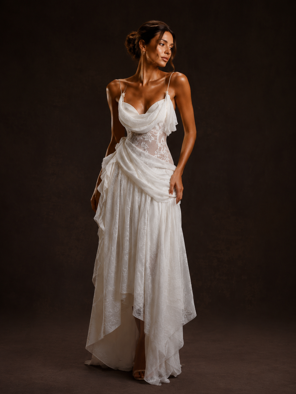 White Draped Lace Corset Maxi Dress