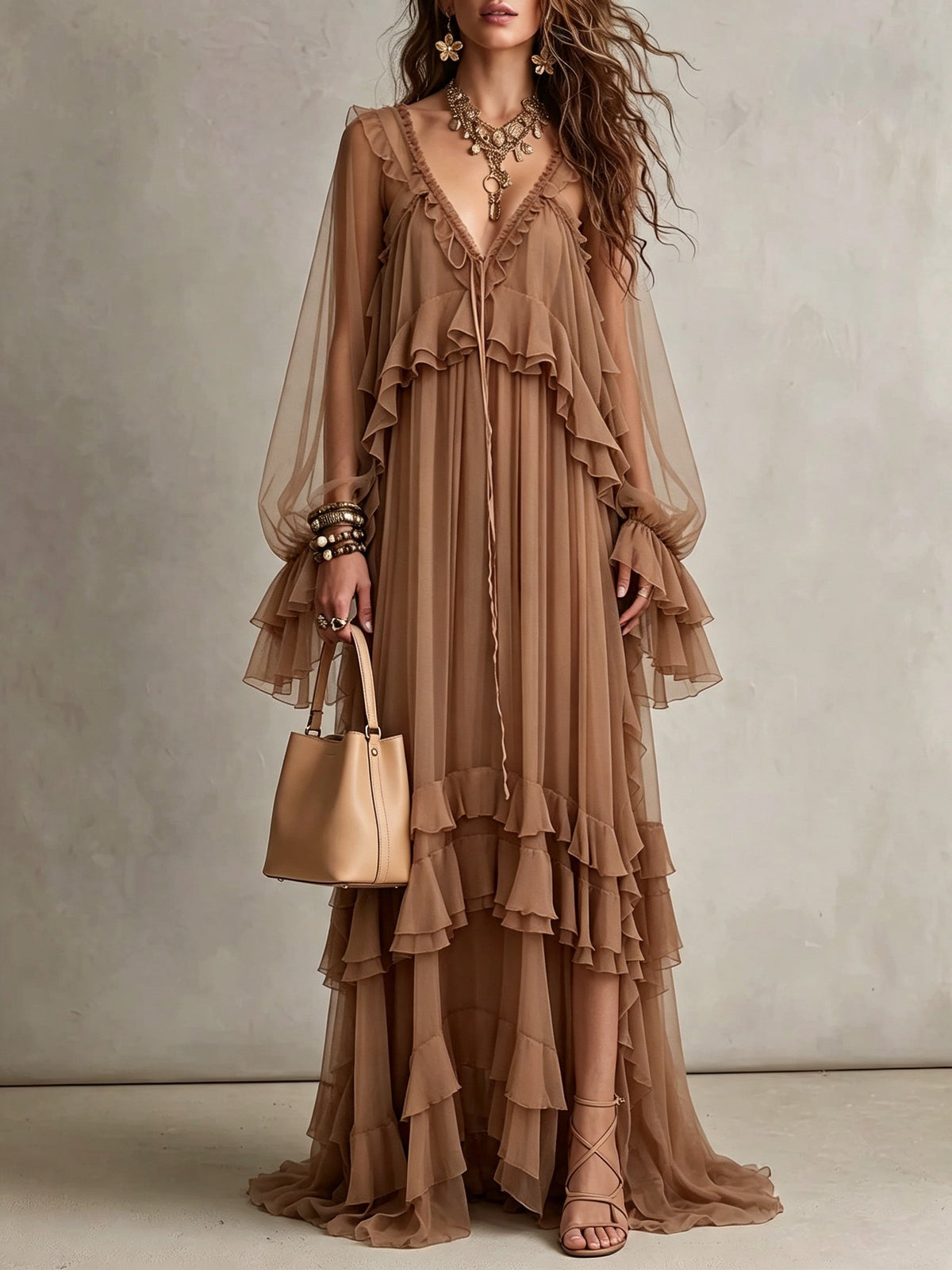 Mocha Sheer Tiered Ruffle Maxi Dress