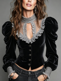 Black Velvet Lace-Up Ruffled Top