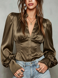 Olive Satin Ruched Button-Down Blouse