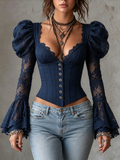 Navy Blue Lace Sleeve Corset Top