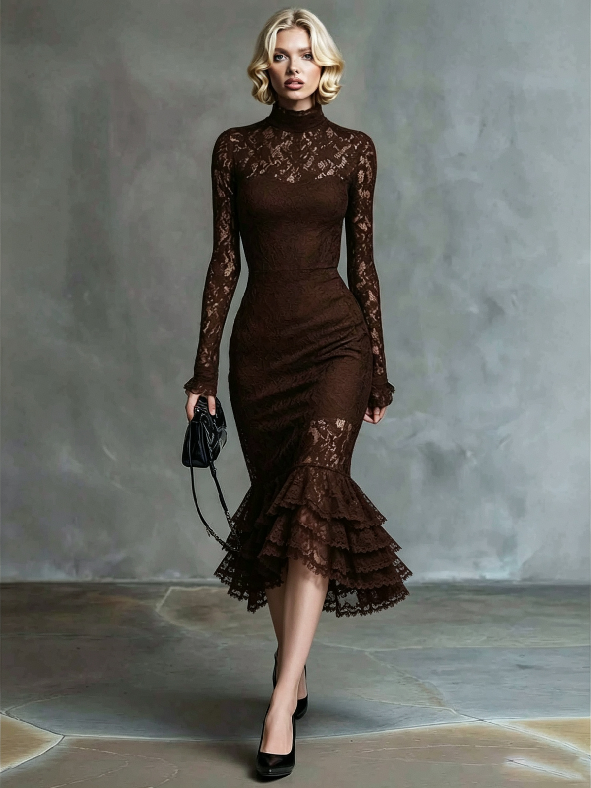 Brown Lace Mermaid Maxi Dress