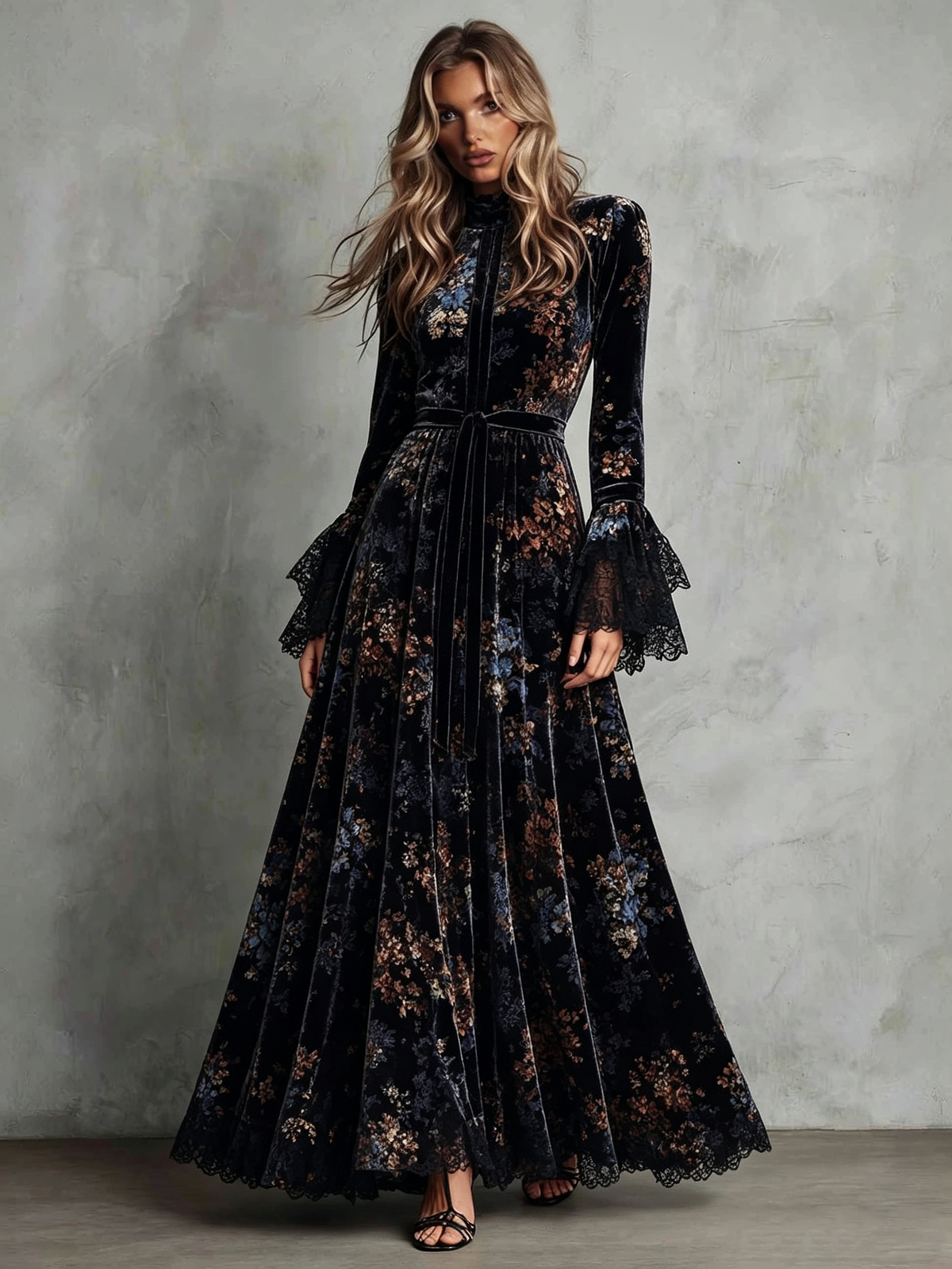 Black Floral Velvet Maxi Dress