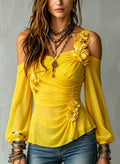 Yellow Floral Applique Cold Shoulder Blouse