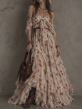 Cream Floral Chiffon Tiered Maxi Dress