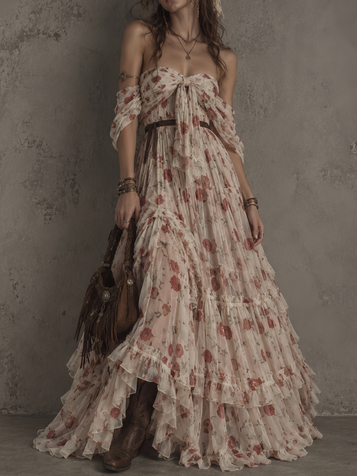 Cream Floral Chiffon Tiered Maxi Dress