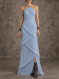 Blue Pleated Halter Maxi Dress