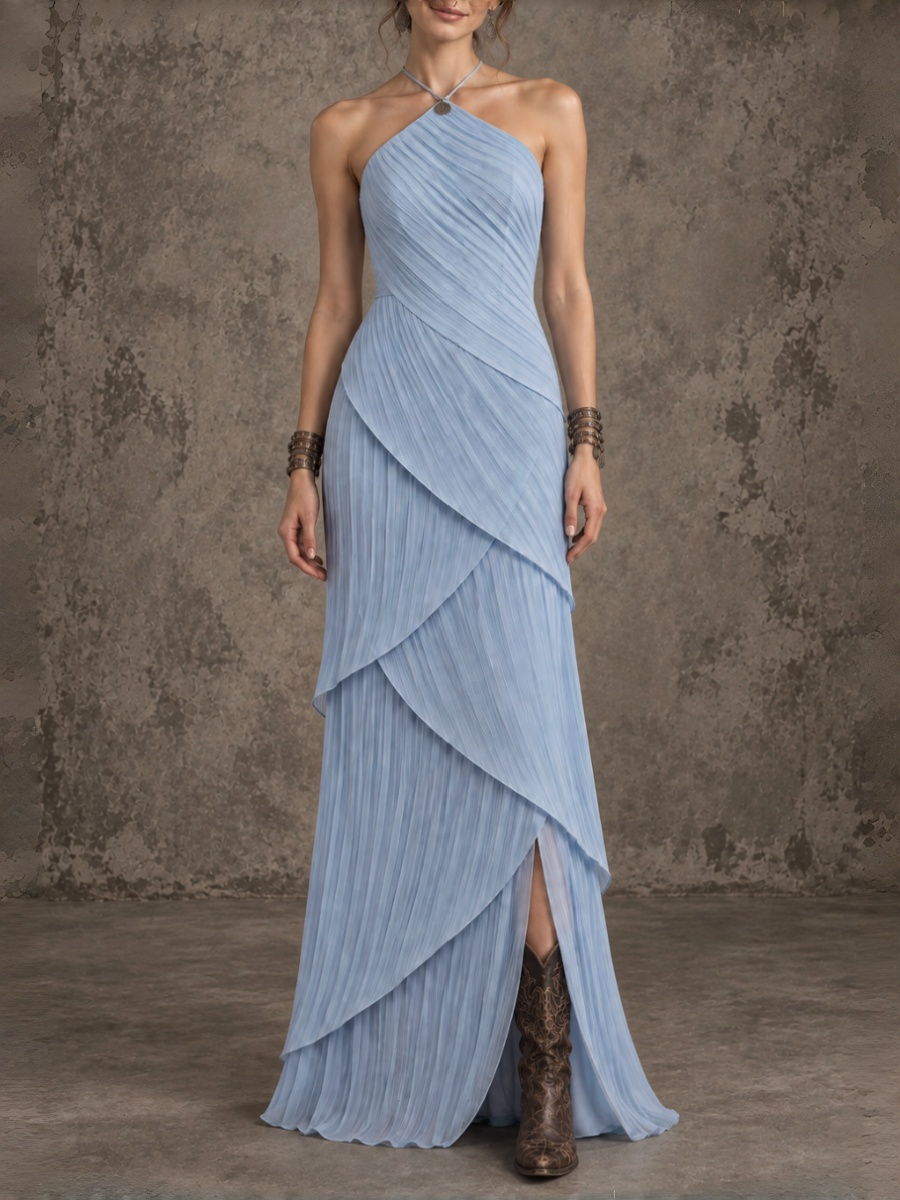 Blue Pleated Halter Maxi Dress