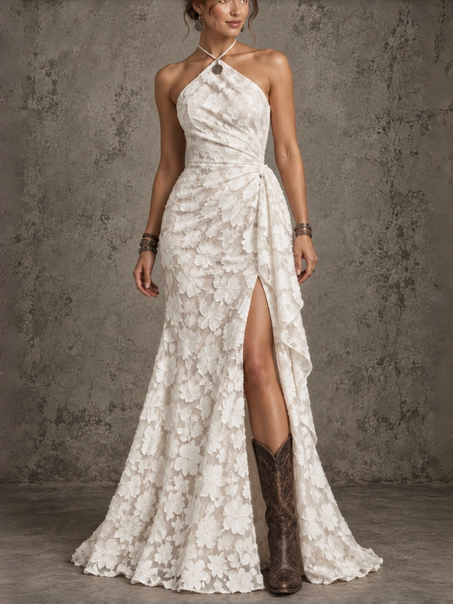 White Floral Lace Halter Maxi Dress