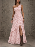 Pink Floral Lace One-Shoulder Maxi Dress