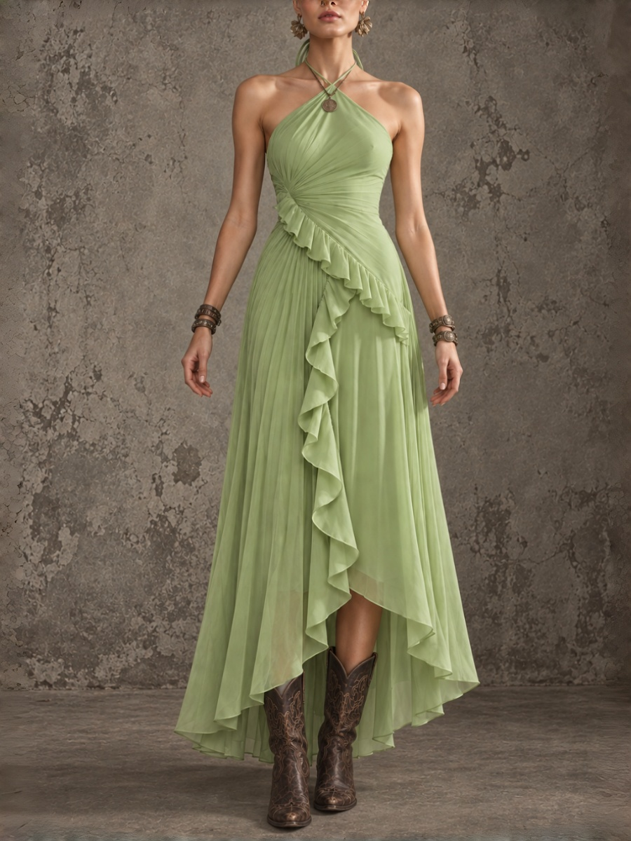 Green Ruffled Halter Midi Dress