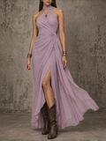 Lavender Draped Halter Maxi Dress