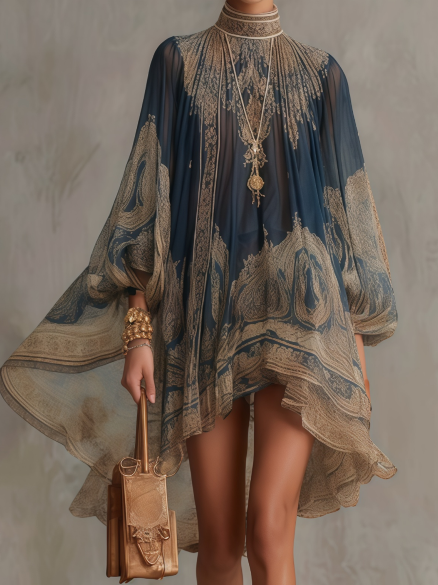 Blue Printed Cape Sleeve Blouse