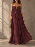 Burgundy Strapless Floral Applique Maxi Dress