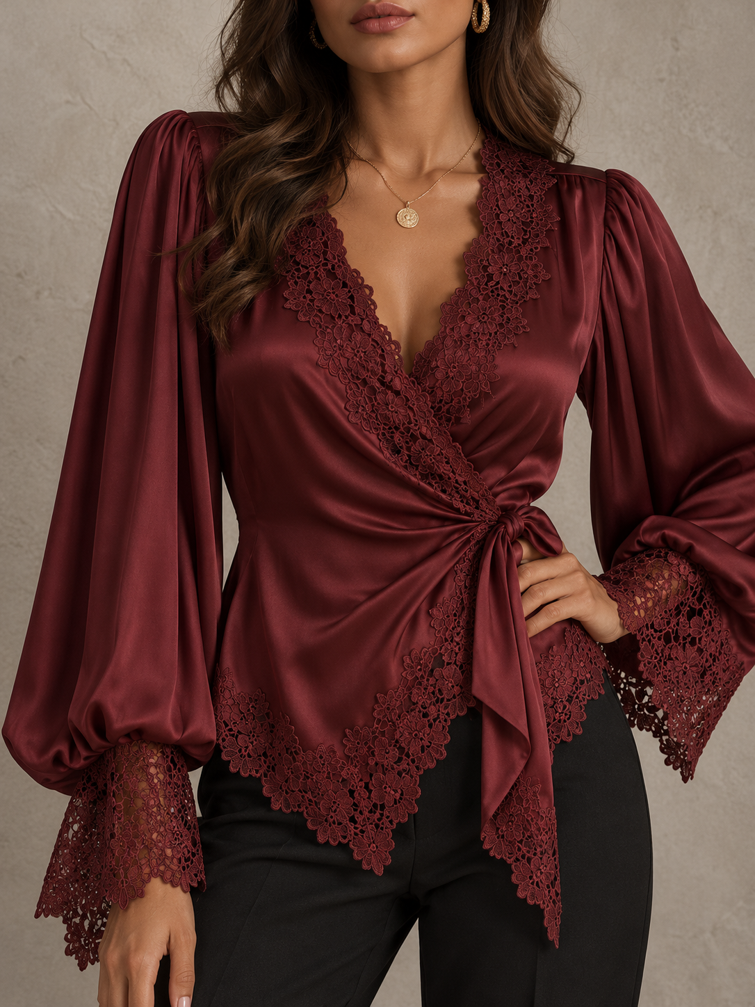 Burgundy Satin Lace Trim Wrap Blouse