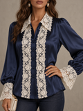 Navy Satin Lace Trim Button Front Shirt