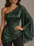 DarkGreen Satin Lace Trim One Shoulder Blouse