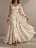 Cream Satin Lace Trim Asymmetric Sleeve Maxi Dress