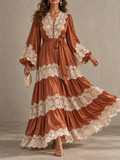 Rust Satin Lace Trim Long Sleeve Tiered Maxi Dress
