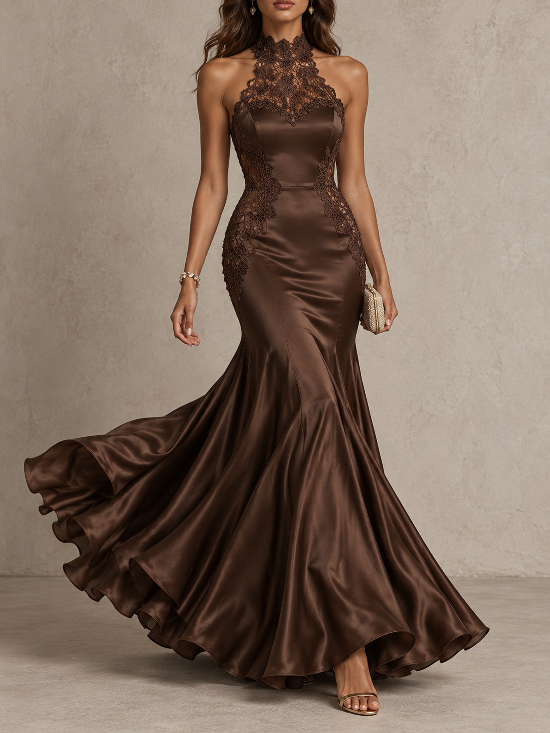 DarkBrown Satin Lace Trim Halter Mermaid Maxi Dress