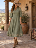 SageGreen Embroidered V Neck Midi Dress